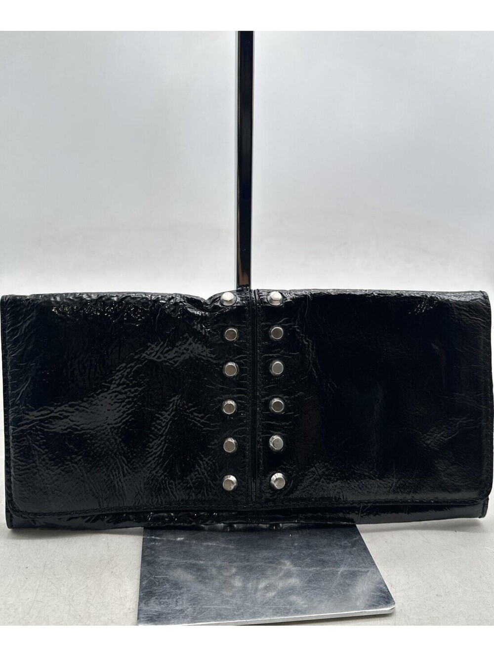 Michael Kors Black Studded Crinkled Patent Leather Clutch Bag COA